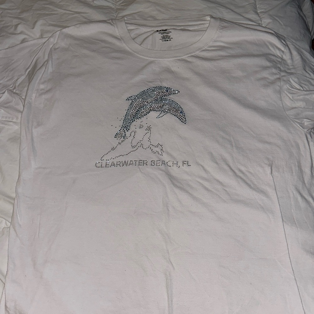 Surf Style white t-shirt rhinestone dolphins extra large